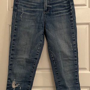 Paige, Margot Crop, Ultra Skinny Jean, color: Ashby Destructed/ blue,  24W, USED
